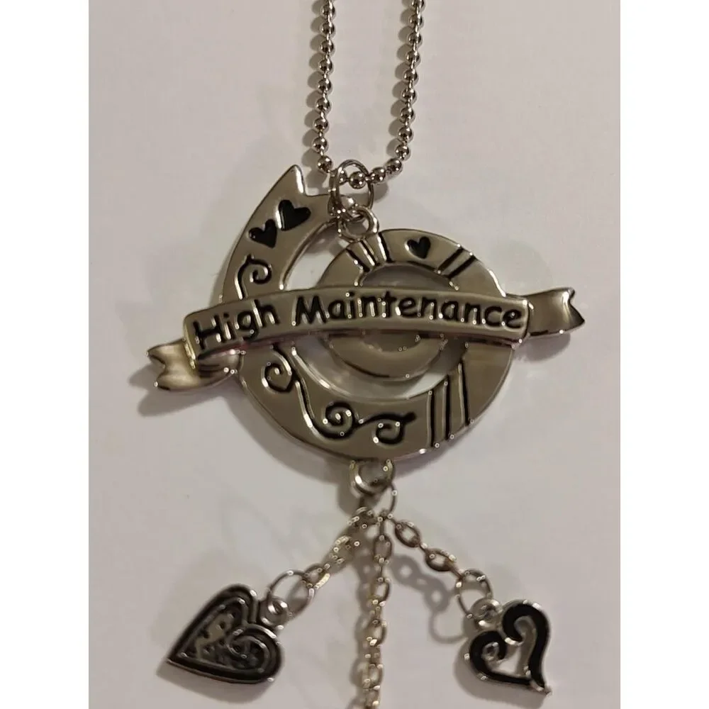 VTG Style High Maintenance Silver Tone Heart Flower Swirl Ribbon Charm Keychain